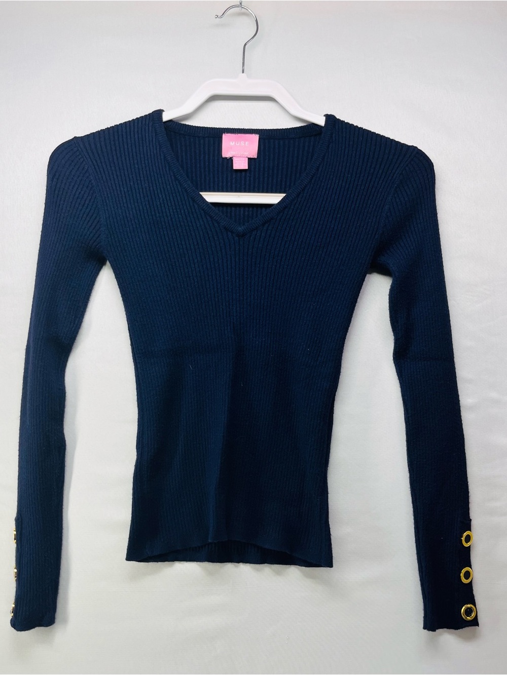 Muse Navy‎ Ribbed V‑Neck Sweater with Pink Label